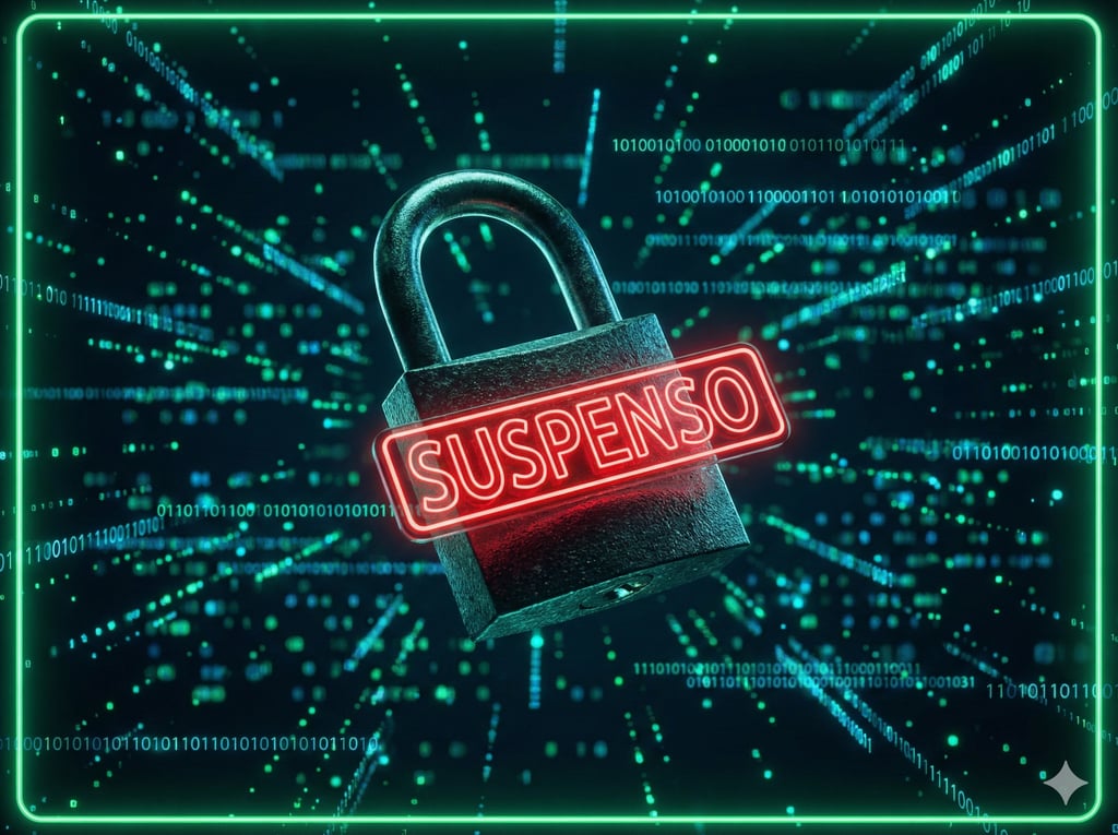 Cadeado digital com aviso neon de Suspenso, ilustrando serviço de recuperação de conta Google Meu Negócio bloqueada.