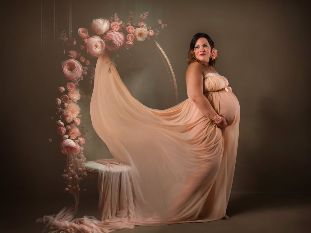 a pregnant woman in a dress with a veil