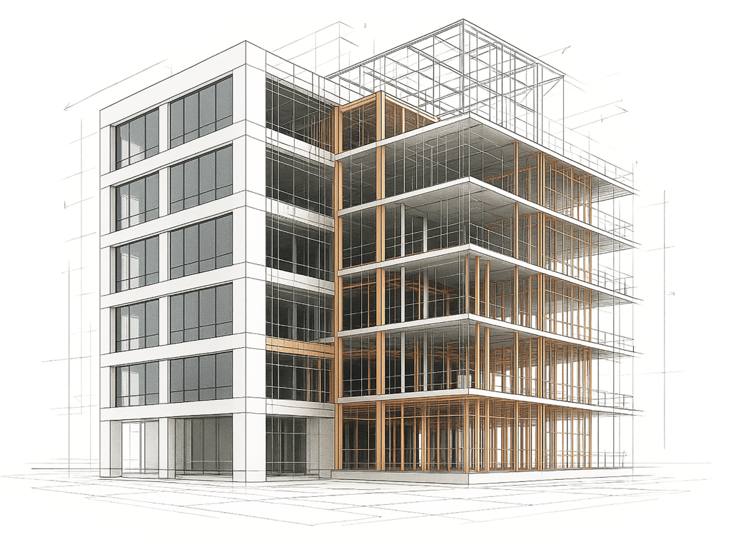 Architekturskizze eines modernen Skelettbaus