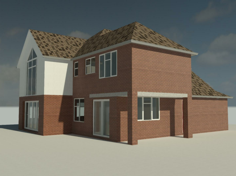3D digital model of a two story rear extension to a fully detached property 