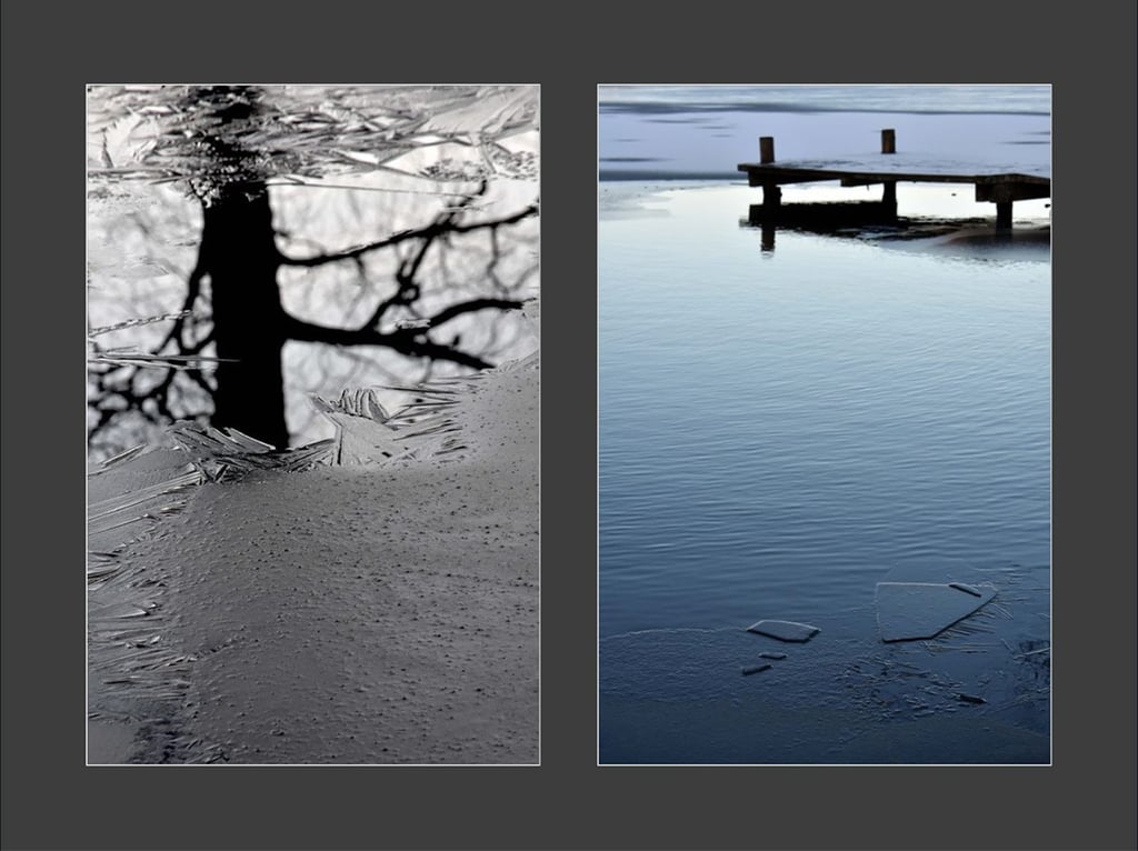 a tree refliction in icy water and a jetty over blue icy water