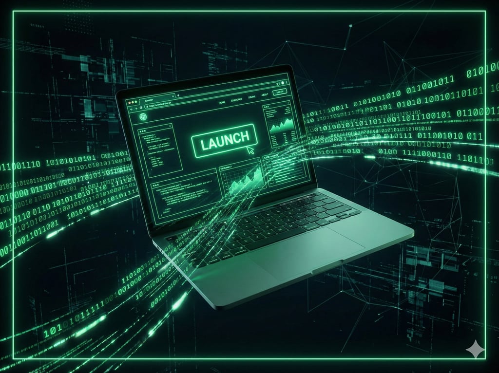 Notebook futurista exibindo criação de site rápido e landing page otimizada com SEO para conversão.