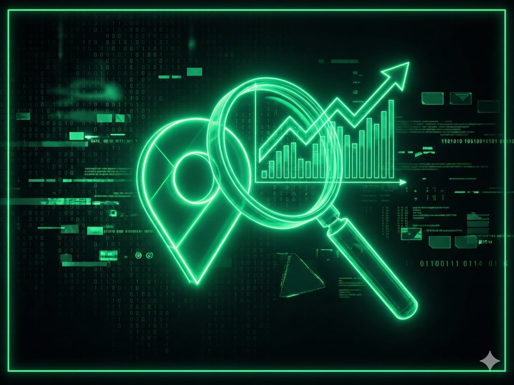 Lupa digital neon analisando pino de localização, representando otimização de perfil Google Meu Negócio e SEO local.