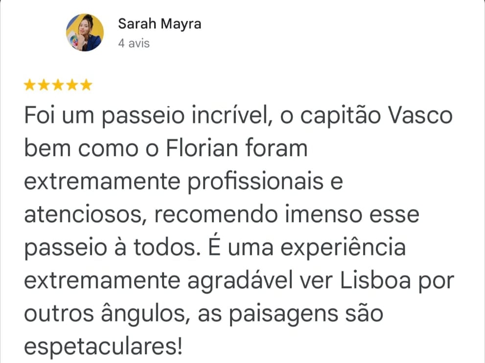 Imagem duma avaliação dum cliente que alugou o nosso Barco para um passeio marítima em Lisboa