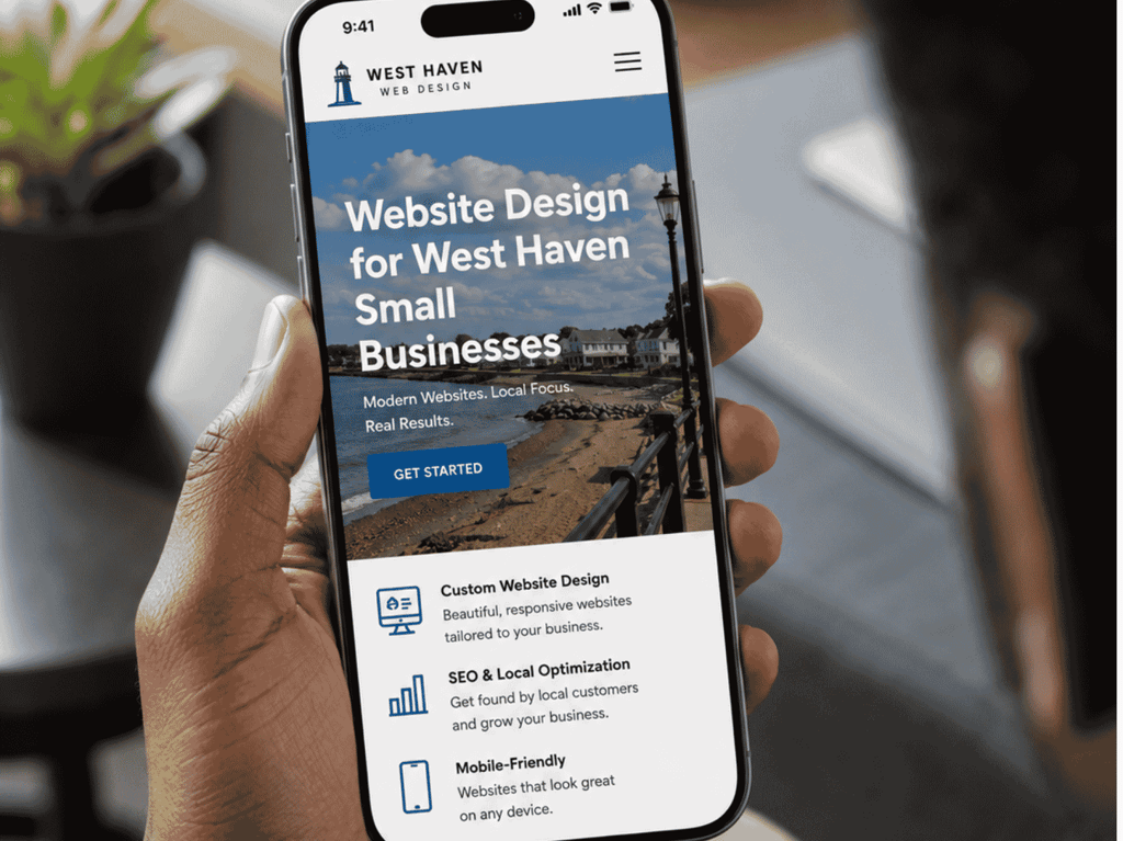 Mobile phone with a website that reads Website Design for West Haven Small Businesses