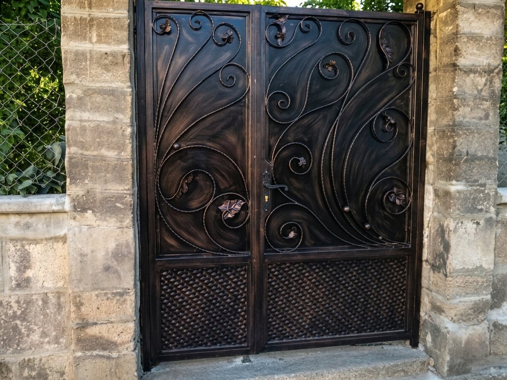 Ornate black and bronze wrought iron gate with elegant decorative scrollwork and leaf details.