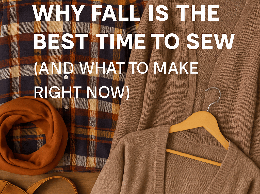 A flat lay of fall sewing projects on a wooden background, including a plaid flannel shirt.