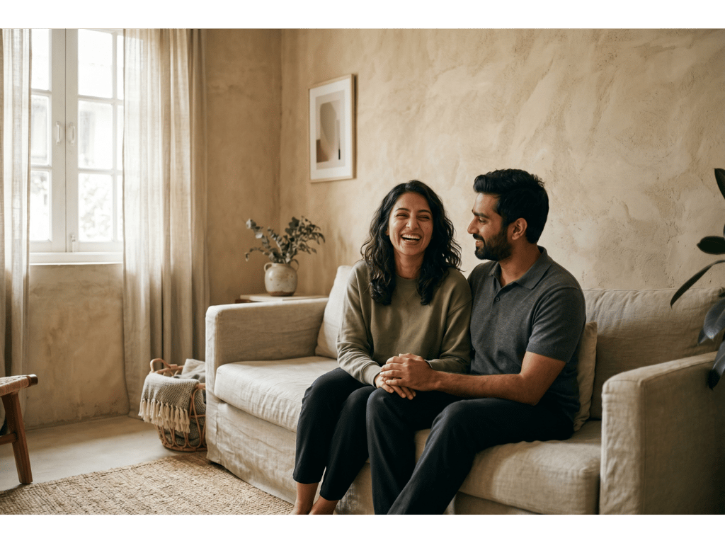Couple on beige couch happy during a duo-expert couples therapy session.