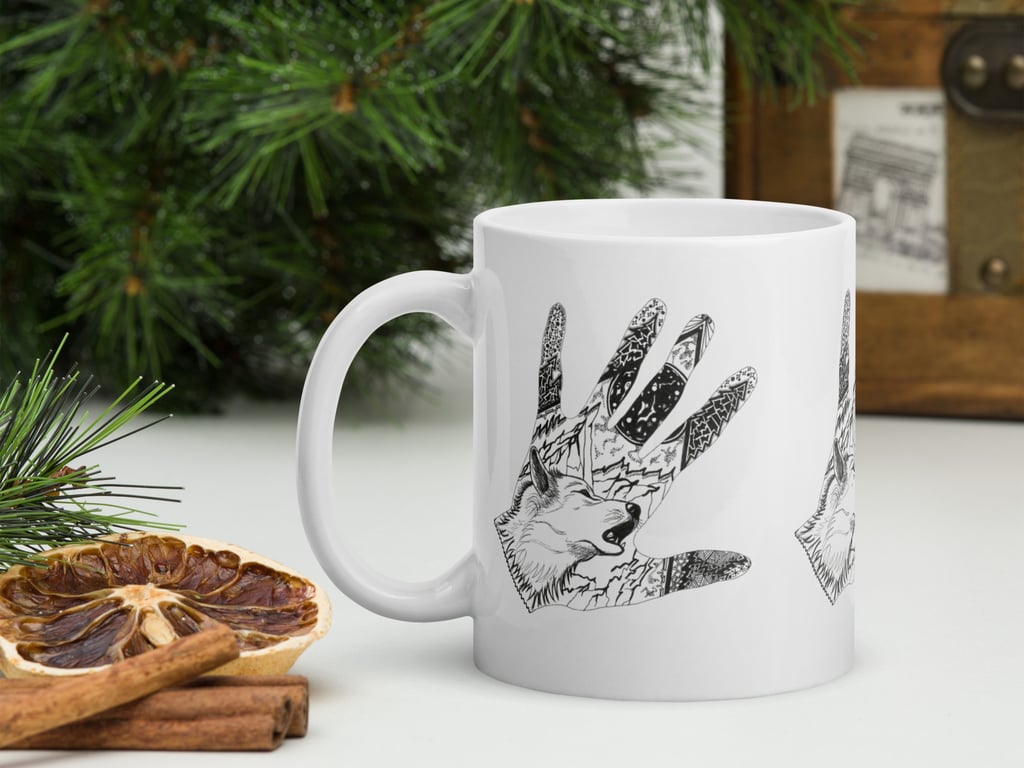 Gepersonaliseerde handomtrek tekening met wolf bergen geprint op mok keramisch