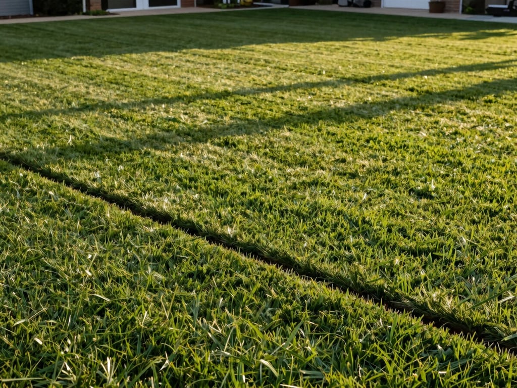 Same residential lawn after mowing and edge trimming, clean straight border line, even grass height, golden-hour side light showing well-maintained surface