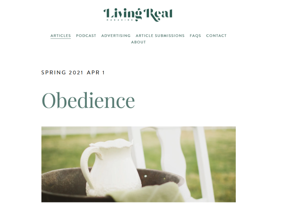 Living Real Magazine Spring 2021 article titled Obedience featuring a rustic white pitcher.