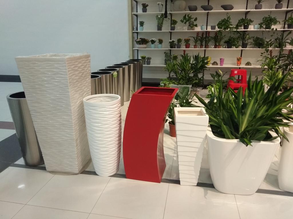 Modern GRP planter pots and decorative fiberglass planters in various sizes and finishes, suitable f