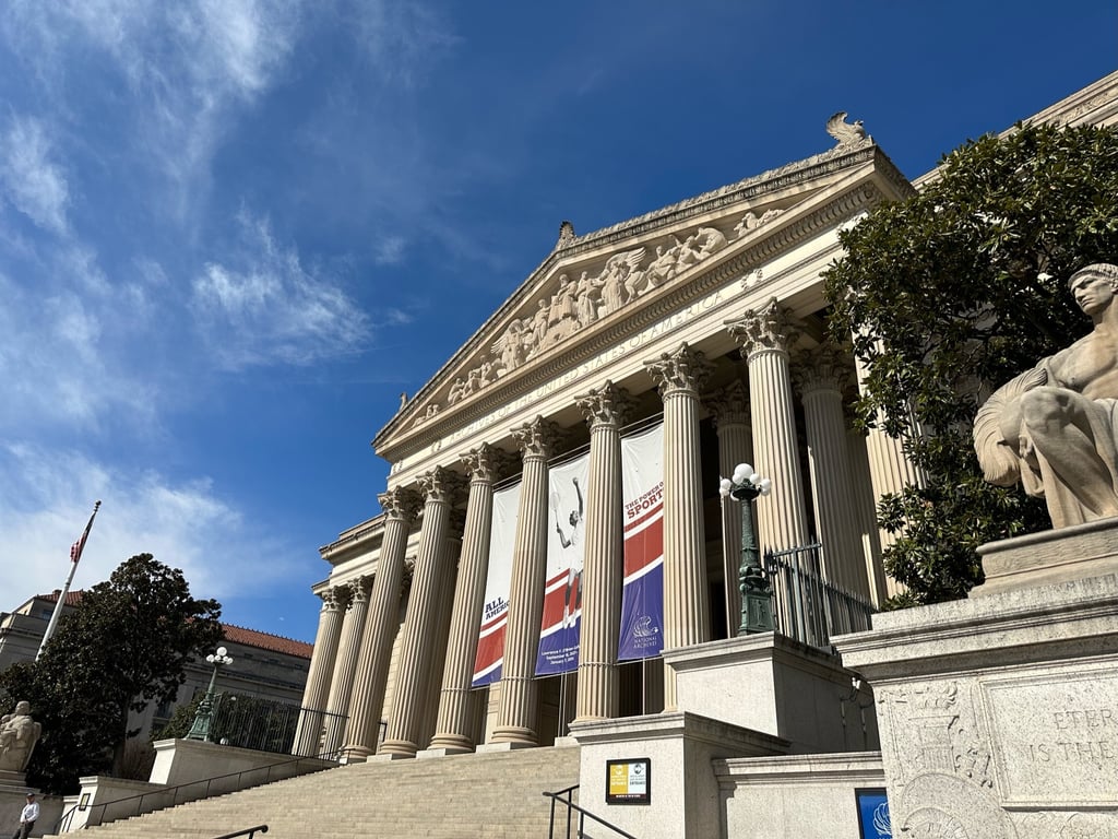 The national archives, a white building with columns in a classical format