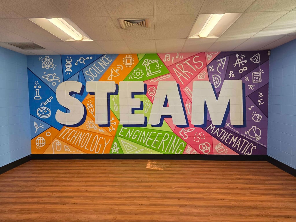Colorful STEAM education wall mural featuring science, technology, engineering, arts, and math icons.