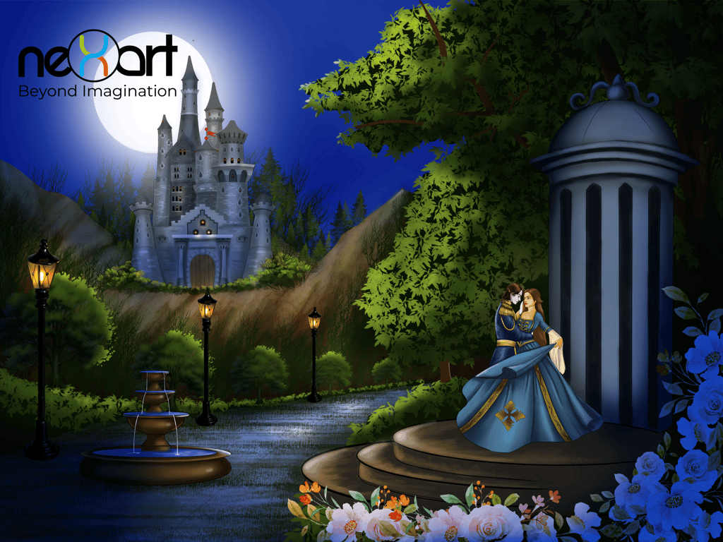 fantasy illustration of a couple dancing a garden and in the background there is a castle.