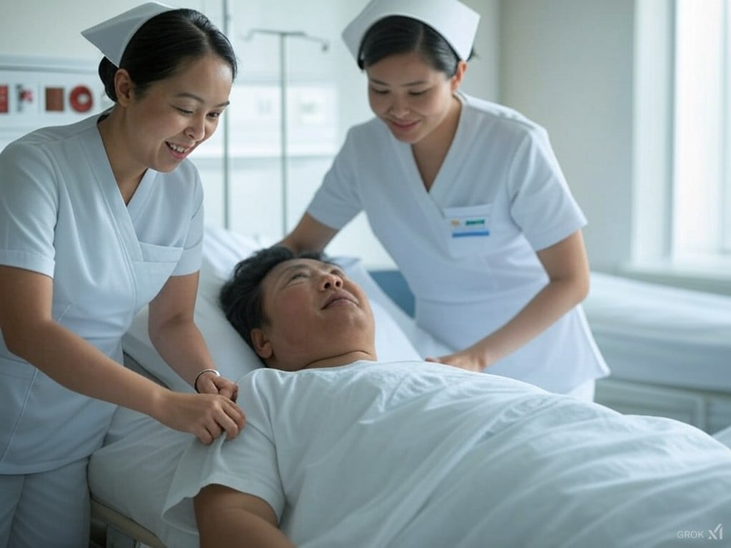 Dua perawat membantu pasien