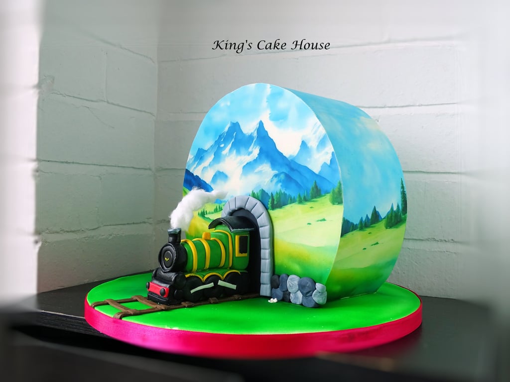 Train themed birthday cake using an edible cake wrap