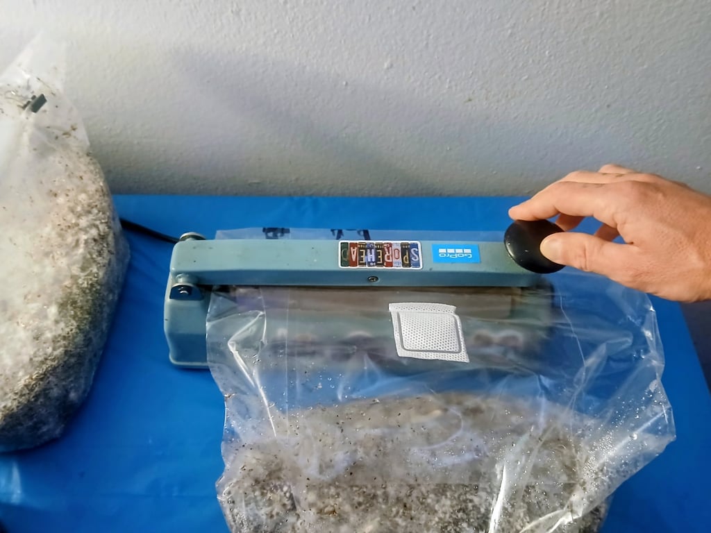 a small impulse sealer for sealing fruiting blocks of gourmet mushrooms