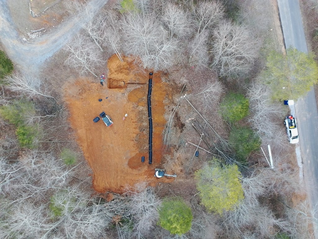 drone photo of septic system installation in Lake-A-Wana TN
