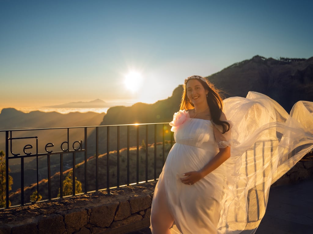 a pregnant woman in a white dress with a veil