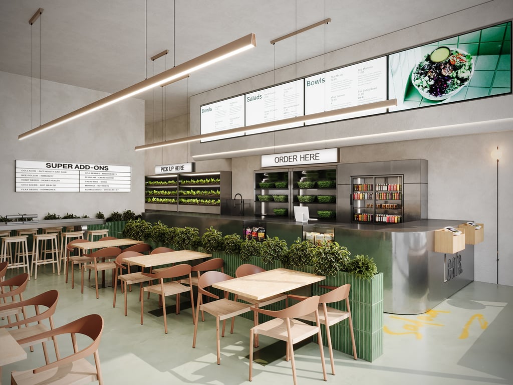 3D interior rendering of a concept salad bar in Dubai with modern design, natural wood and planters. Created by VISUALISE.