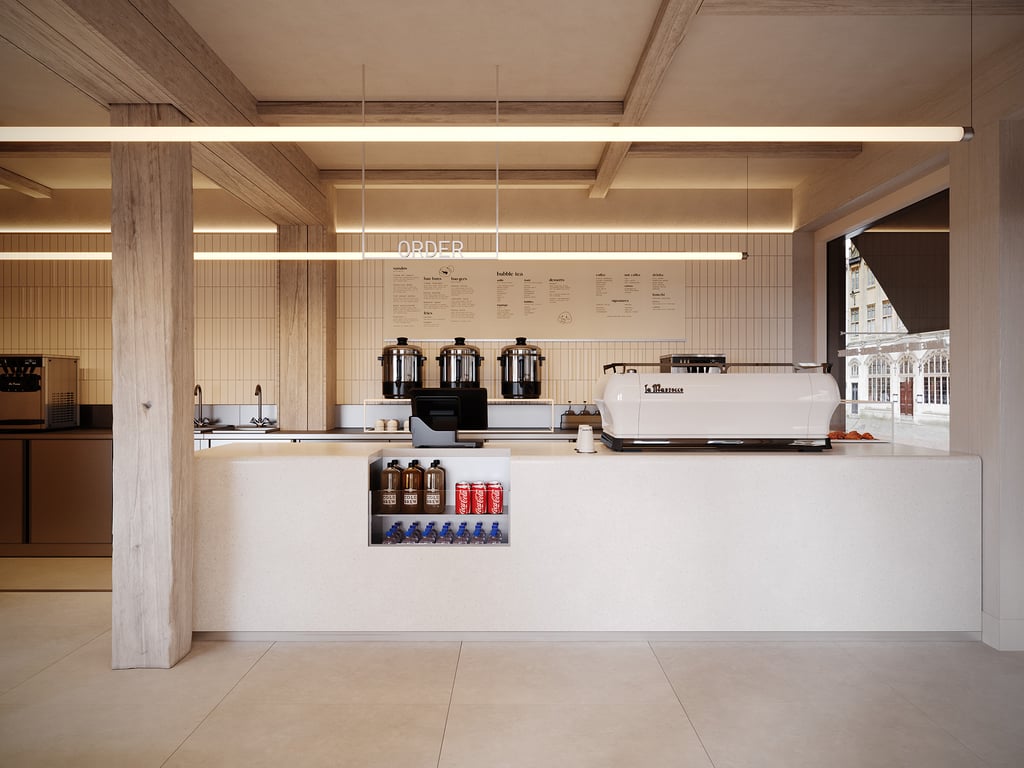 3D interior rendering of Mowchi café in UK, with light counters, neutral palette, menu boards. Created by VISUALISE.