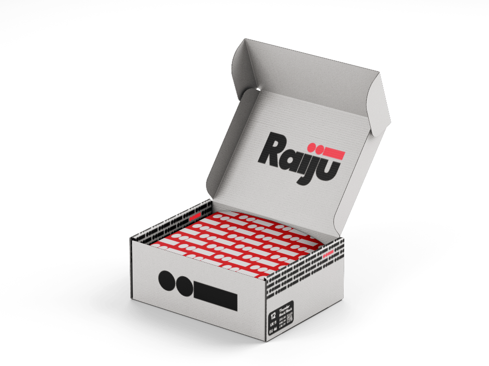 Open Raiju shoe box in white with poppy red tissue