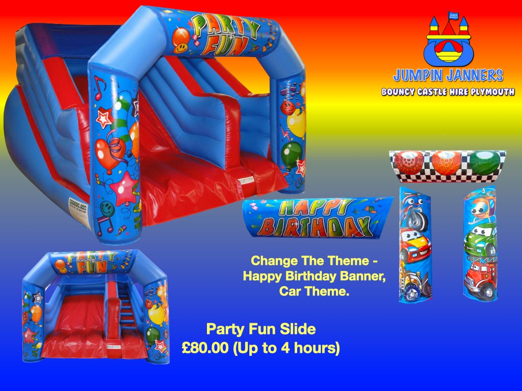 Party Fun Slide Bouncy Castle Hire Plymouth (Change the theme), Cars, Happy Birthday