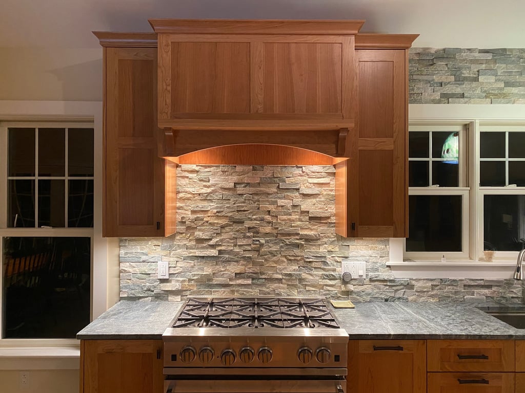 Professional range with custom wood hood