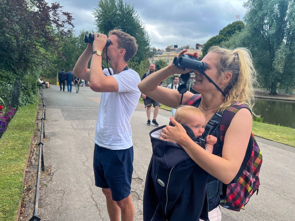 Husband, wife and baby daughter experiencing a Goldcrest - the smallest bird in the UK - at close quarters in Regent's Park.