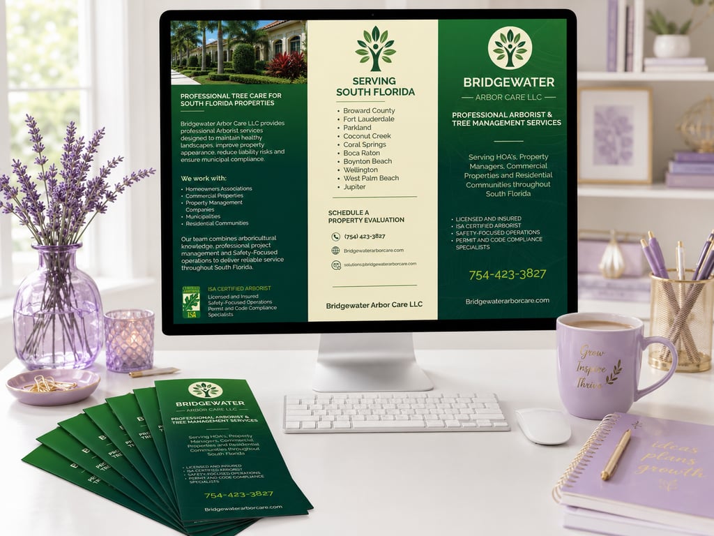 Modern office with lavender desk decor featuring a green brochure design on computer