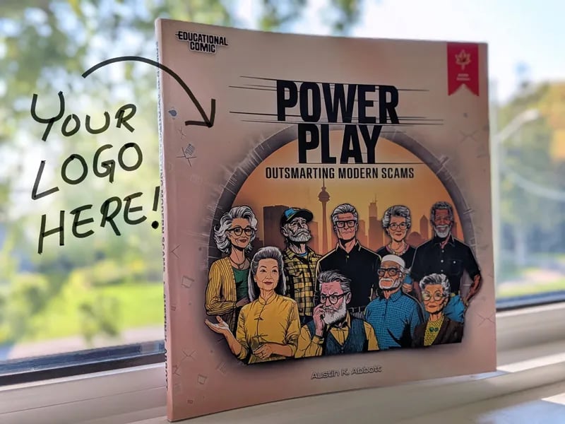 Photo of the educational comic book Power Play Outsmarting Modern Scams standing on a windowsill, showing illustrated seniors