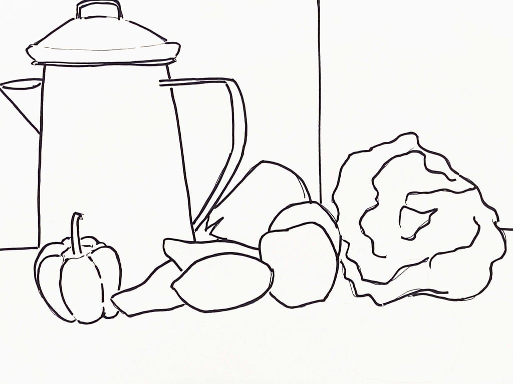 drawing of a pitcher and fruit still life