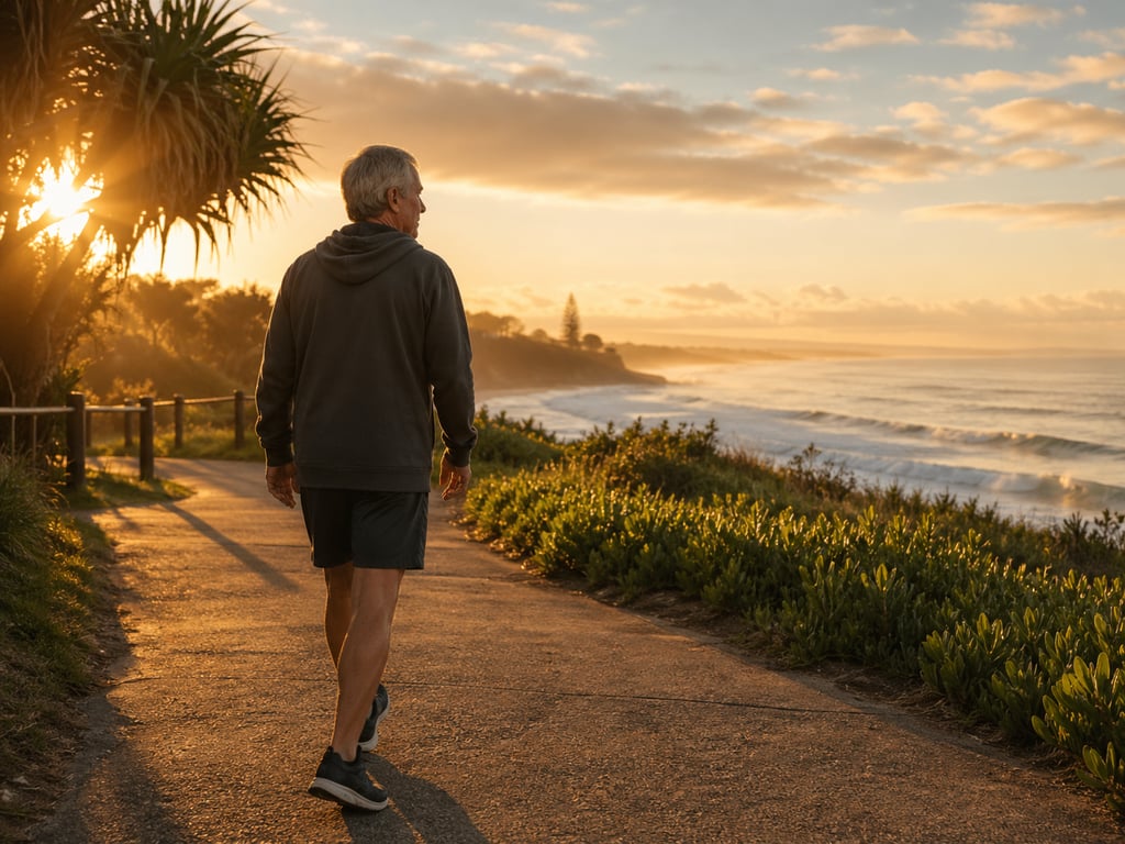 Person walking calmly after rehabilitation support and improved body confidence.