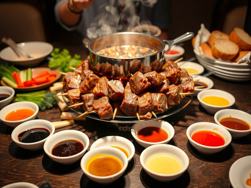 beef Fondue with fondue pot and sauces