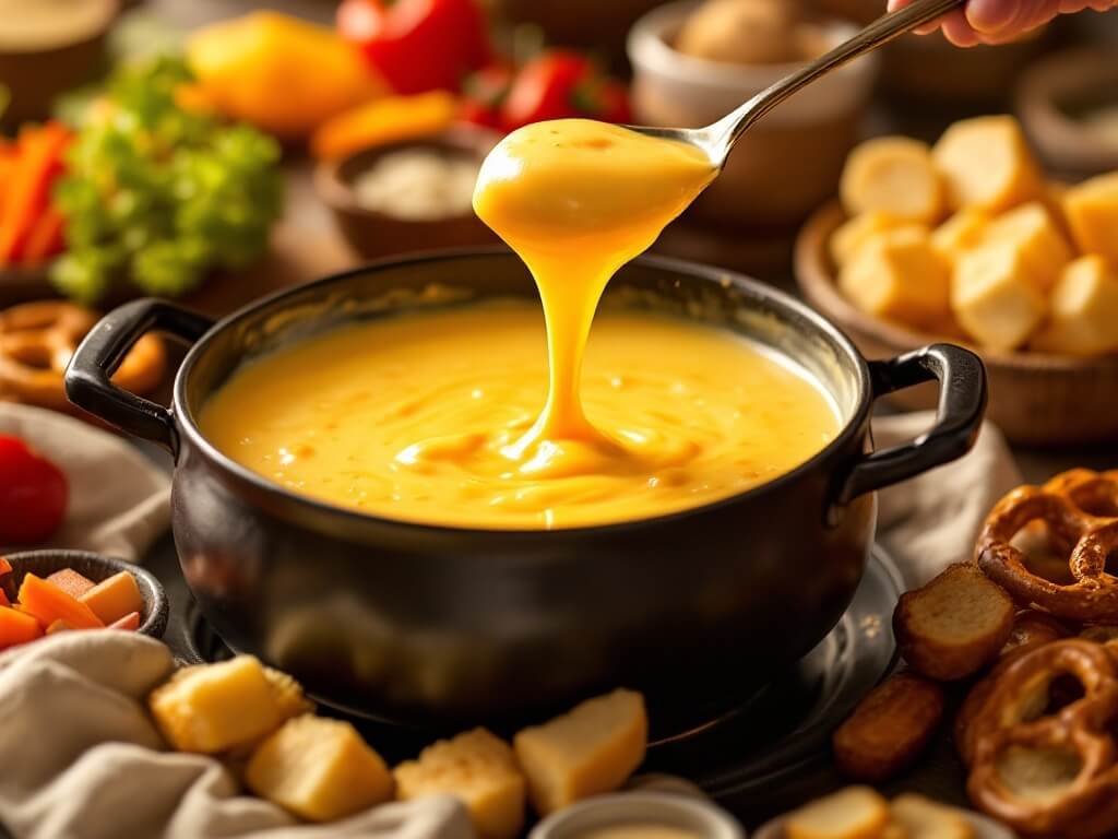 beer and cheese Fondue with pretzels and pieces of bread