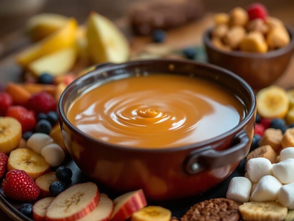 caramel fudge with marshmallows, bananas and other dippers 