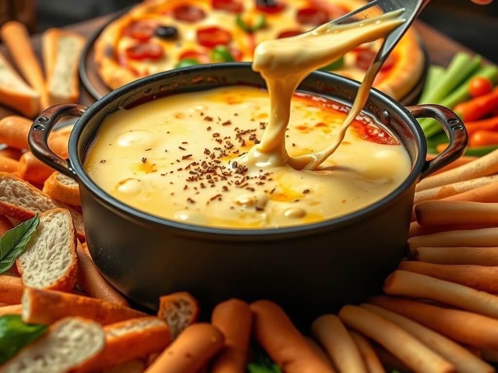 pizza fondue with bread sticks and a pizza