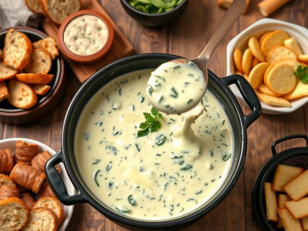 spinach parmesan fondue with crackers and meat dippers