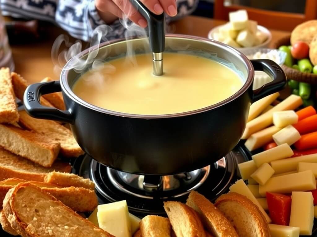 swiss Fondue with bread and Swiss cheese 