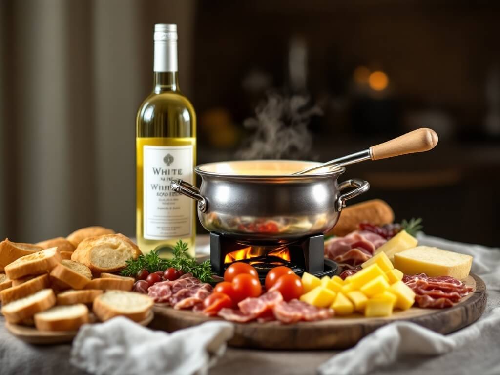 a pot of white wine fondue and a bottle of wine and assorted meats