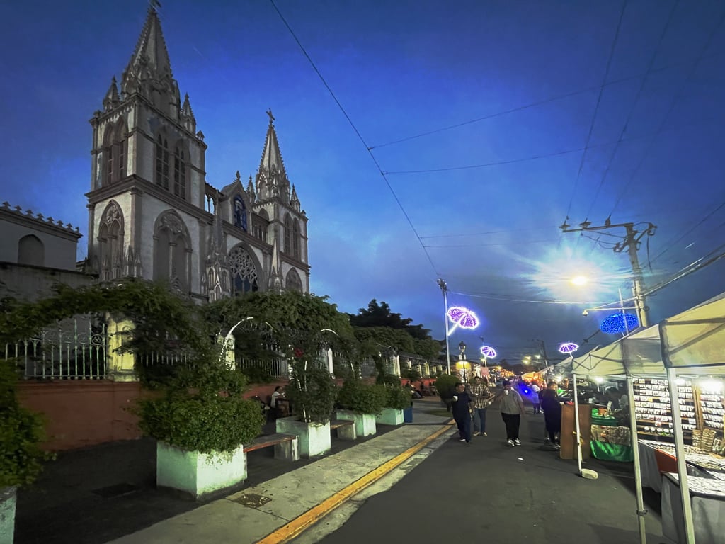 Nuestra Señora del Carmen street market with illuminated stalls & pedestrians.