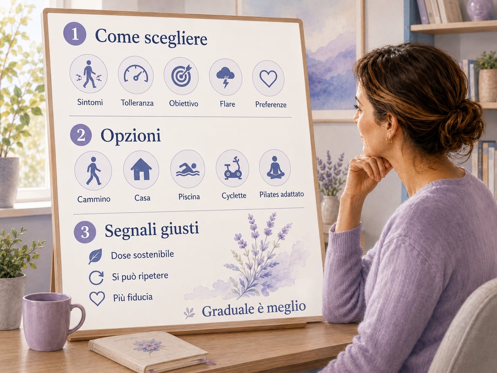 Donna con fibromialgia osserva una lavagna su attività fisica e movimento graduale