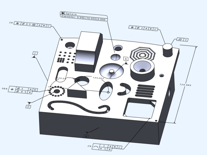 CAD image of component with fully defined inspection dimensions and feature control frames.