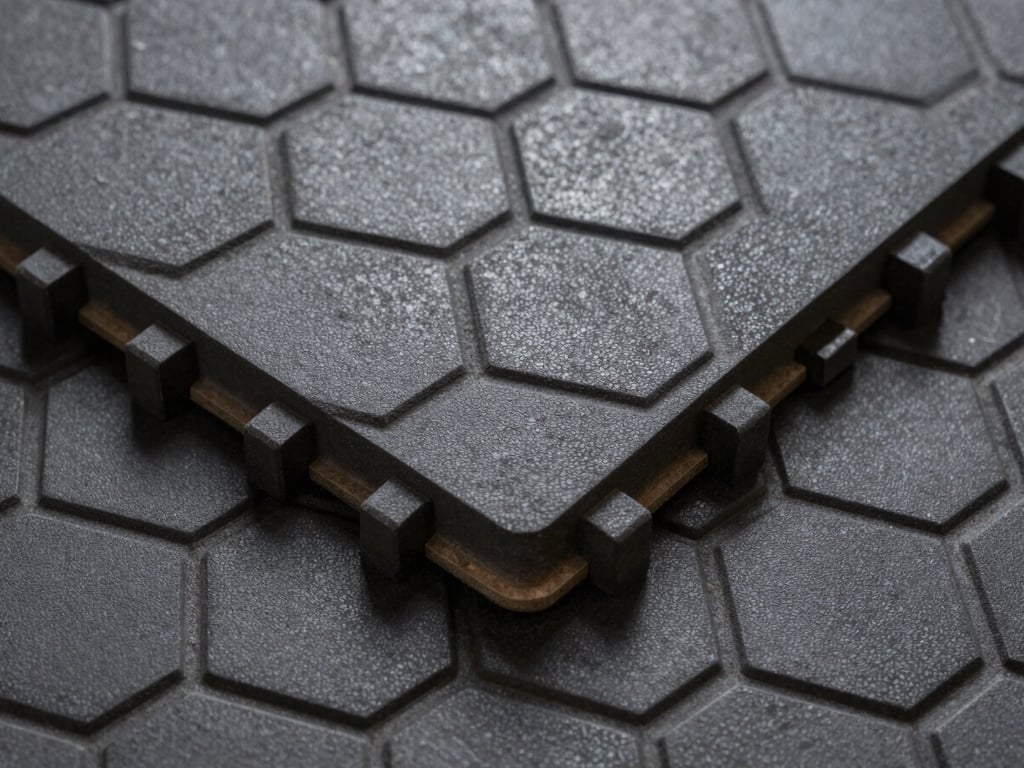 Macro overhead shot of interlocking rubber mat tiles, hexagonal surface pattern in deep charcoal, sharp tile edges and tight interlocking joints, studio light revealing surface relief, no people