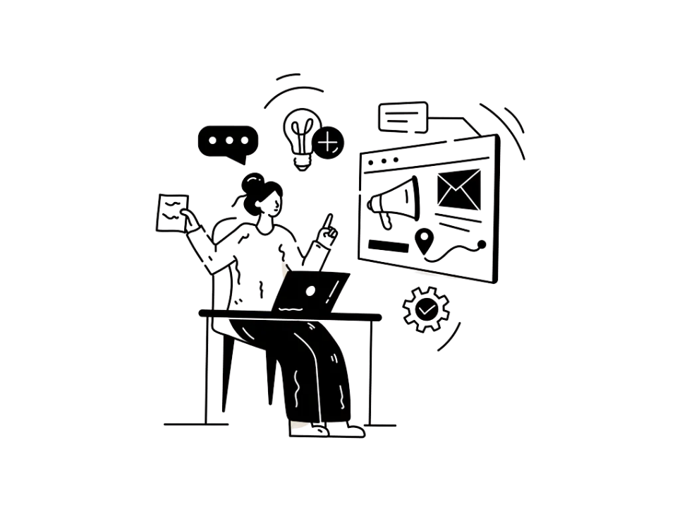 Digital marketing specialist working on a laptop with social media and strategy icons.