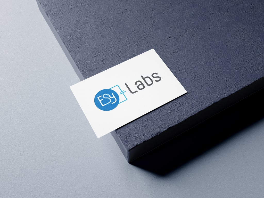 ESy Labs business card featuring a blue logo on a textured grey background.
