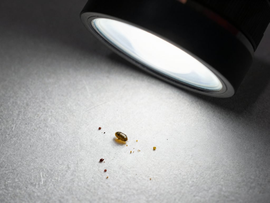 Overhead close-up of flea eggs and debris on a fabric surface under work-site lamp, documentary style
