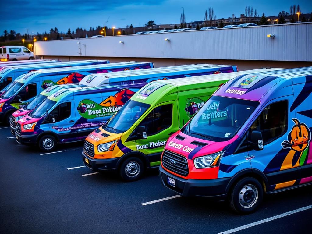A fleet of colorful delivery vans with vibrant custom vinyl wraps parked in a row.