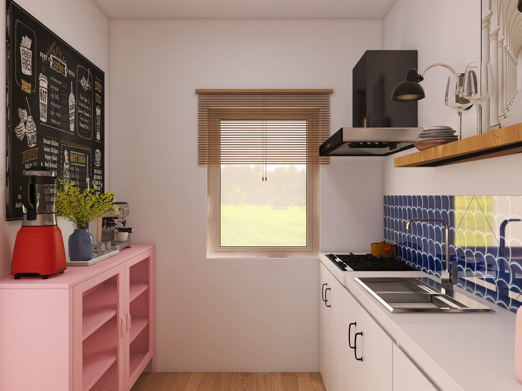 Rinde de cocina moderna con backsplash azul, estanterías de madera y detalles en rosa.